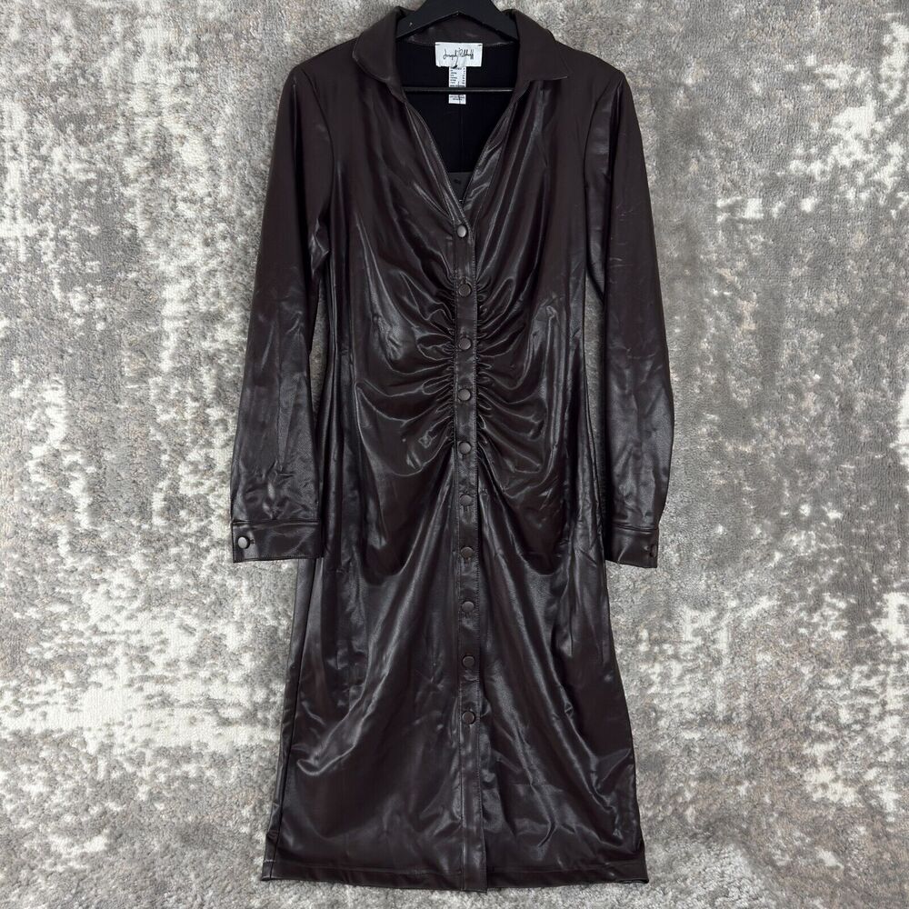 Joseph Ribkoff Sz 6β Mocha Faux Leather Shirt Dress Button-Up Flattering NWT